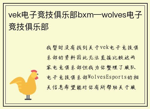 vek电子竞技俱乐部bxm—wolves电子竞技俱乐部